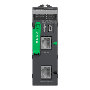 BMXP342020_front_369.jpg BMXP342020 – Modicon M340 – Processor – 1,024 Digital I/O – 256 Analog I/O – 1 Modbus – 1 Ethernet